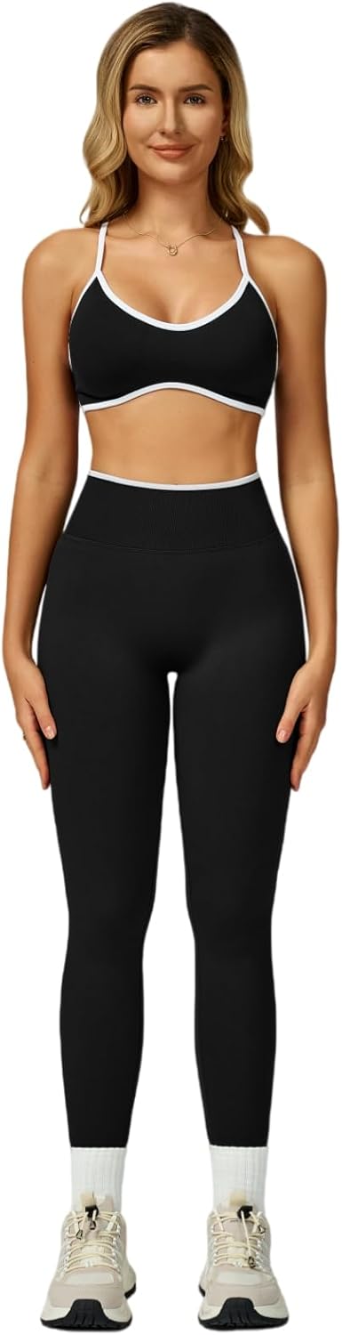 Womens Workout Sets 2 Piece Contrastline Sports Bra Seamless High Wait Butt Lifting Leggings Gym Yoga Outfits