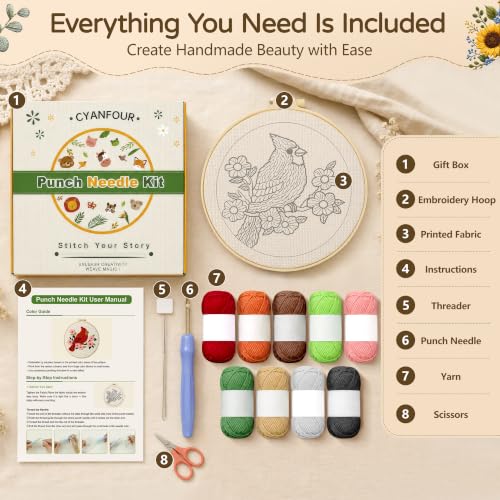 Image of CYANFOUR Punch Needle Kit for Beginners, Red Bird Punch Needle Kits Adults, Craft Kits for Adults with 2 Pre-Printed Fabrics, Embroidery Hoop, Threads, DIY Gift and Home Decor 20 * 20cm