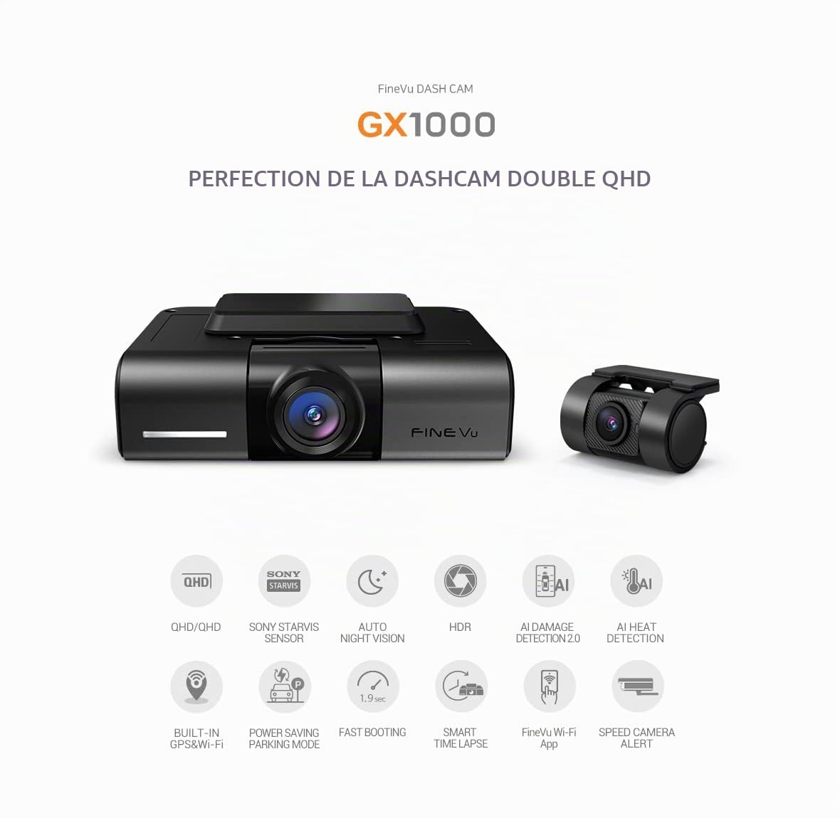 DashCam Caméra embarquée FineVu GX1000 Double 2K QHD, Résolution QHD 1440P 2K Avant et arrière, Capteurs Sony Starvis Avant et arrière