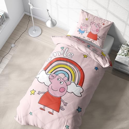 Kinderbettwäsche Peppa Wutz 135x200 für Mädchen und Jungen 1x Kissenbezug 80x80 + Bettbezug 135x200 Geschenkidee Mädchen Peppa Pig & George - Smile Regenbogen