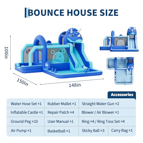 Bounce House, Inflatable Dinosaur Bouncer with Slide and Air Blower, Oxford Cloth Jumping Castle for Kids, Durable Sewn Bouncy House with Large Play A