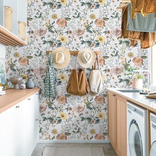Floral Peel and Stick Wallpaper Boho -Flower Vintage Contact Paper Wallpaper for Bathroom and Kitchen Backsplash - White Beige Thicken Self Adhesive Beautiful Vinyl Wrap Room Walls Decor 17.5" X 118" by Abyssaly - Image 7