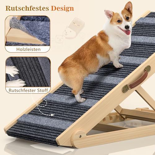 Hunderampe aus Holz, verstellbare Rampe Hund für Sofa, Bett oder Auto, 7-stufig höhenverstellbar 28–68 cm, tragbar, rutschfeste Hundetreppe mit Teppich, ideal für kleine und ältere Hunde, bis 90 kg