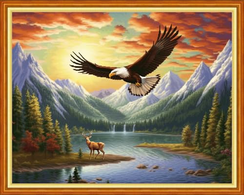Image of Joyhoor Cross Stitch Kits for Beginners Stamped Cross-Stitch Supplies Needlework preprint Embroidery Kits for Adults DIY Needlepoint Kits Embroidery Patterns 11CT-Eagle Hunting 16x20 inchs
