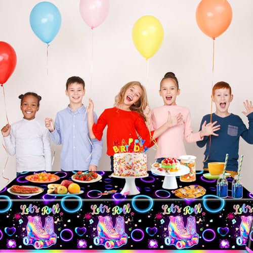 Image of LINHAXM 3 Pack Roller Skating Tablecloths, Roller Skating Party Decorations, Let's Roll Tablecloth for Roller Skate Birthday Party Decorations, 54 x 108 Inch
