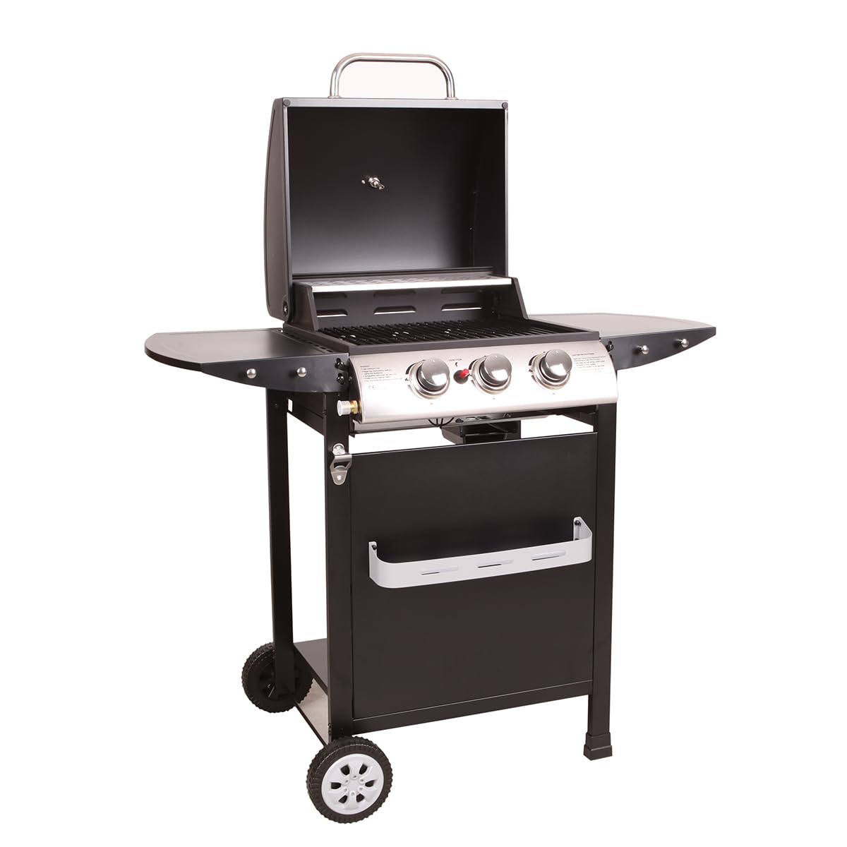 LOFOTEN - Barbecue Gaz 3 brûleurs - Puissance 8,4 kW - 106.5x57.5x104.5cm - Capot de fermeture avec thermomètre - 2 Grilles en acier chromé, 2 Etagères latérales, 1 Plateau bas - 2 Roues - Noir