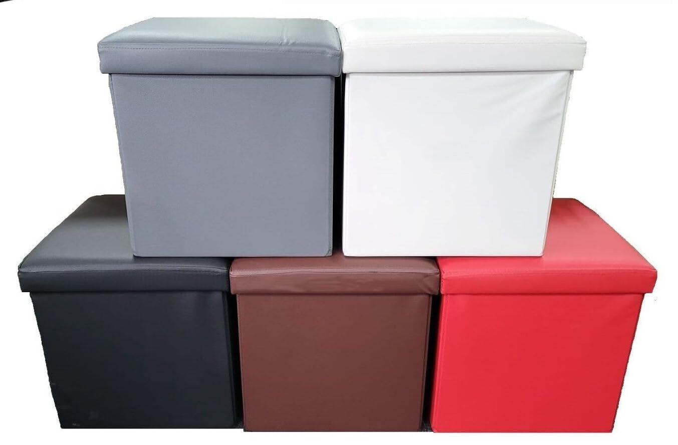 AMBERLINNEN LTD Leather Folding Storage Box Ottoman Seat Stool Storage Boxes Footstool 2 Sizes (38CM x 38CM x 38CM, Red)