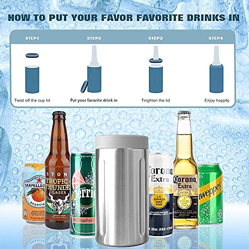 3 In 1 Slim Can Cooler For 12 Oz Skinny Can, Regular Can & Beer Bottle, Keep Cold For 6 Hours, Double Walled Stainless Steel Vacuum Beverage Can Insulator(Silver) #TOP6