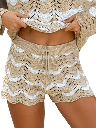 CUPSHE Striped Cover Up Shorts for Women Drawstring Waist Knit Swimsuit Coverup Beach Shorts Casual Bikini Cover Up Neutral Striped L