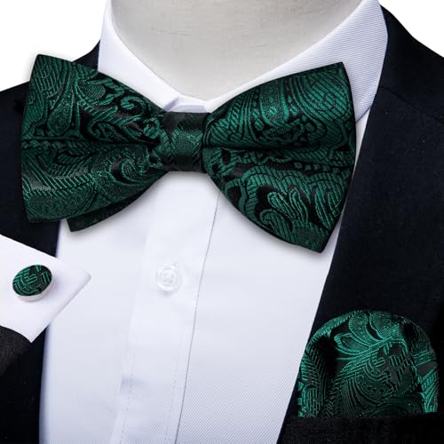Image of DiBanGu Paisley Pre-Tied Bow Ties for Men Silk Adjustable Bowtie and Pocket Square Cufflinks for Wedding Party