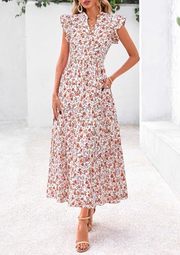 Image of PRETTYGARDEN Women's 2026 Summer Floral Midi Dress Cap Sleeve V Neck Ruffle Long Flowy Boho Casual Beach Vacation Dresses