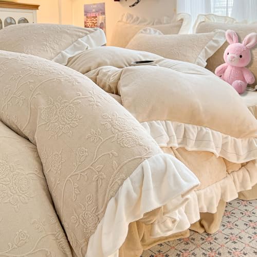Mesnt Juego de funda de edredón de 4 piezas, tamaño Queen, textura floral con ribete de volantes, juego de cama con sábana y 2 fundas de almohada, poliéster, caqui claro, estilo 2, 1,8 m - 200 x 230