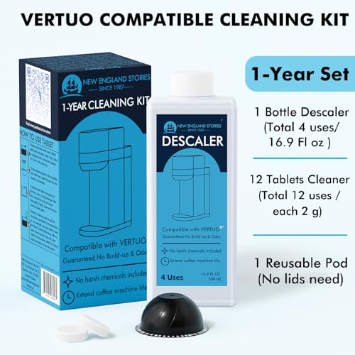 Image of (12 Months Supply) Descaling Kit Compatible with Nespresso Vertuo, Odorless Coffee Brewer Machine Descaler Set, Liquid Descaling Solution for Nespresso, Includes Reusable Pod and 12 Cleaning Tablets