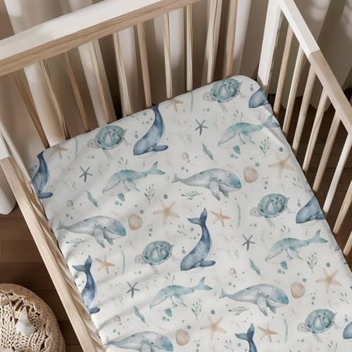 Image of Ocean Whale Sea Turtle Starfish Pattern Baby Crib Sheets, Unisex Sea Animals Theme Nursery Fitted Bed Sheet for Boys Girls Standard Crib and Toddler Mattress-28x52