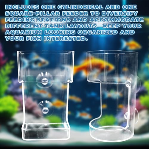 Image of 2-Pack Acrylic Fish Feeders - Round & Square Suction-Cup Feeding Tubes for Aquariums, Hollow Floating-Sinking Fish & Shrimp Food Holders