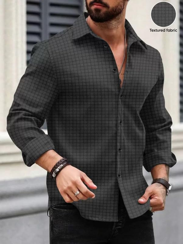 Image of DEELMO Men's Regular Fit Button Down Dress Shirts Textured Long Sleeve Casual Hawaiian Shirt