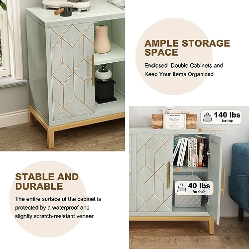 ARTPOWER Accent Cabinet with 4 Doors, Modern Credenza Storage Cabinet, Carved Decorative Buffet Sideboard for Living Room, Kitchen, Office, and Hallway, Green - Thumbnail 7