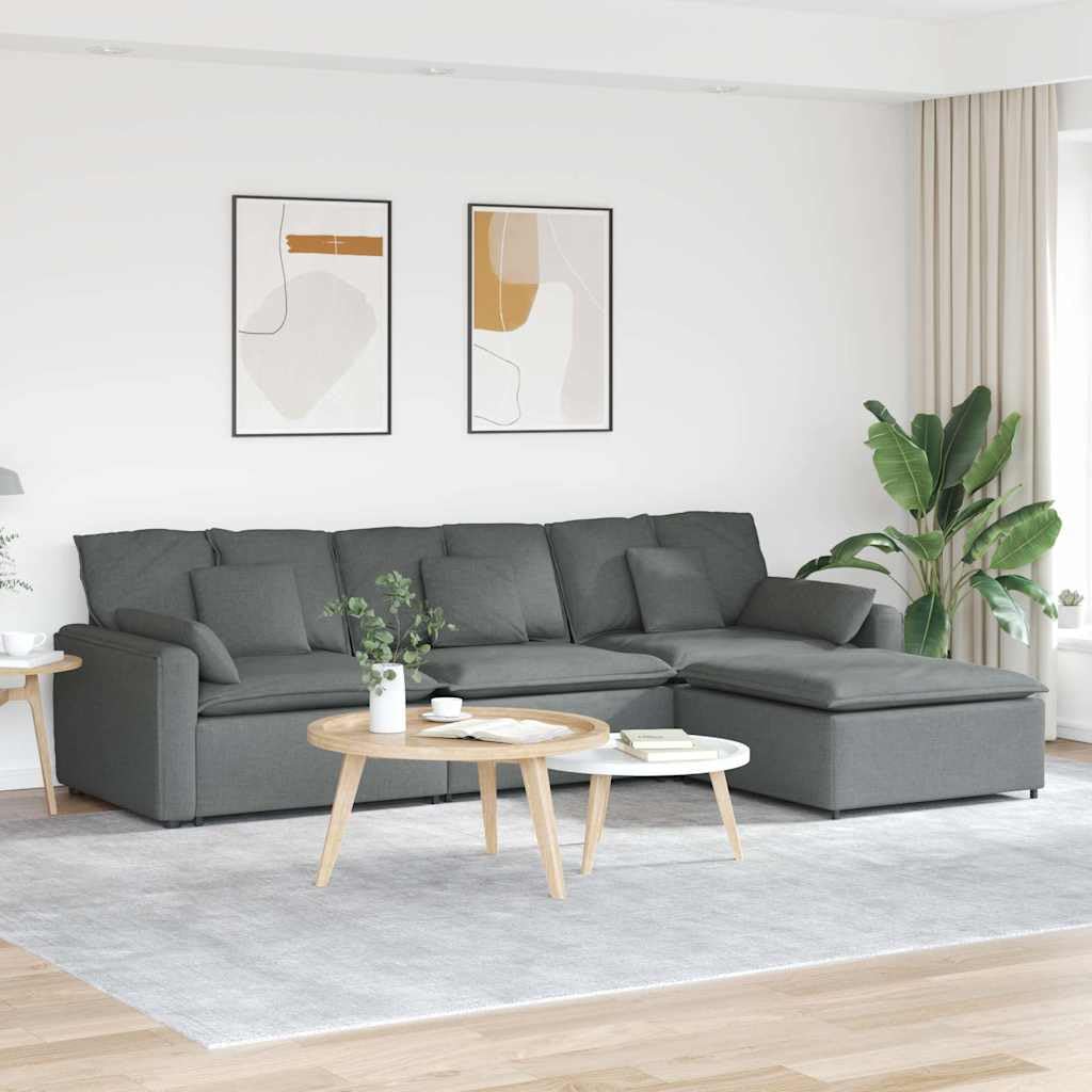 Sofá modular con reposapiés y cojín, color gris oscuro, acolchado de tela, 324 x 205 x 64 cm, sofá de 4 piezas con estructura de metal resistente, sofá modular versátil para salón y salón