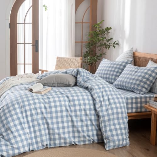 Image of BESTOUCH Gingham Cotton Duvet Cover Set Cornflower Blue Twin | Washed Cotton, Linen Feel, Soft Wrinkle Texture, Hidden Zipper, 8 Ties, Breathable Lightweight Durable Comfy, 2 Pcs No Insert