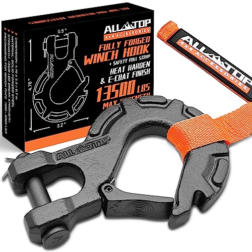 All-Top Forged Steel Winch Hook, 5/16In - 6 Ton 13500 Lbs, Winch Cable Rope Extreme Hook, Forged Steel & E-Coated Finish, Rhino Gray #TOP2