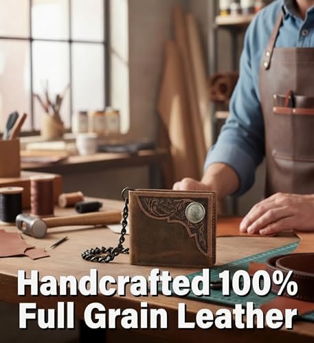 Image of F&L CLASSIC RFID Blocking Mens bi-fold Style Cowhide Leather Steel Chain Wallet, brown western style,texas 82