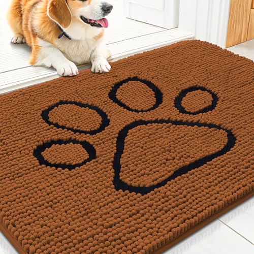 Image of Smiry Dog Door Mat for Muddy Paws, Absorbent Dirt Trapper Non Slip Quick Dry Washable Chenille Mat for Mud Dogs, Entry Rug for Indoor and Outdoor (30x20 Inches, Ochre and Black)