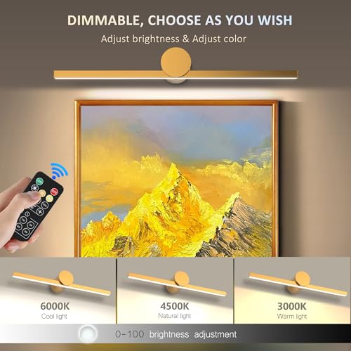 Image of ZitoStory Battery Operated Picture Light for Wall with Remote, Wireless Dimmable Art Lights for Paintings Rechargeable Gallery Light Artwork Lighting for Canvas, Portrait, Gold, 20 Inch