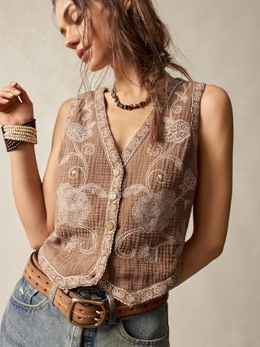Verdusa Women's Western Outfit Cowgirl Embroidered Vest Tops Button Floral Boho Tank Top4