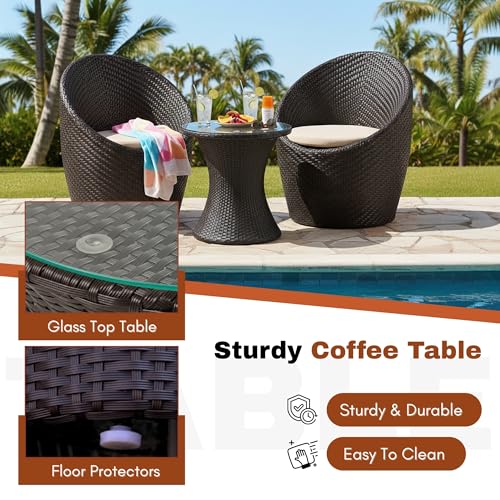 Image of DEVOKO Liora Outdoor Conversation HDPE Wicker Furniture Set with Cushions & Coffee Table for Small Space, Garden, Backyard, Porch, Pool (Dark Brown & Cream)