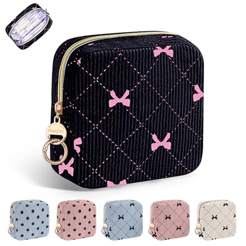 Image of Period Bag for Teen Girls, Corduroy Sanitary Napkin Pouch, B-Black | Bow Menstrual Pad Pouches Tampon Holder for Purse, Period Pouches for Storage Sanitary Napkin, Menstrual Cup, Pad, Tampo
