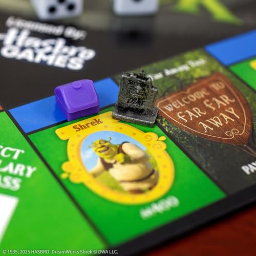 Image of MONOPOLY: Shrek Edition Board Game, Buy, Sell & Trade, Iconic Fairy Tale Characters like Shrek, Donkey, Puss n Boots & More, Classic Family Game for Ages 8+, Officially Licensed DreamWorks Merchandise
