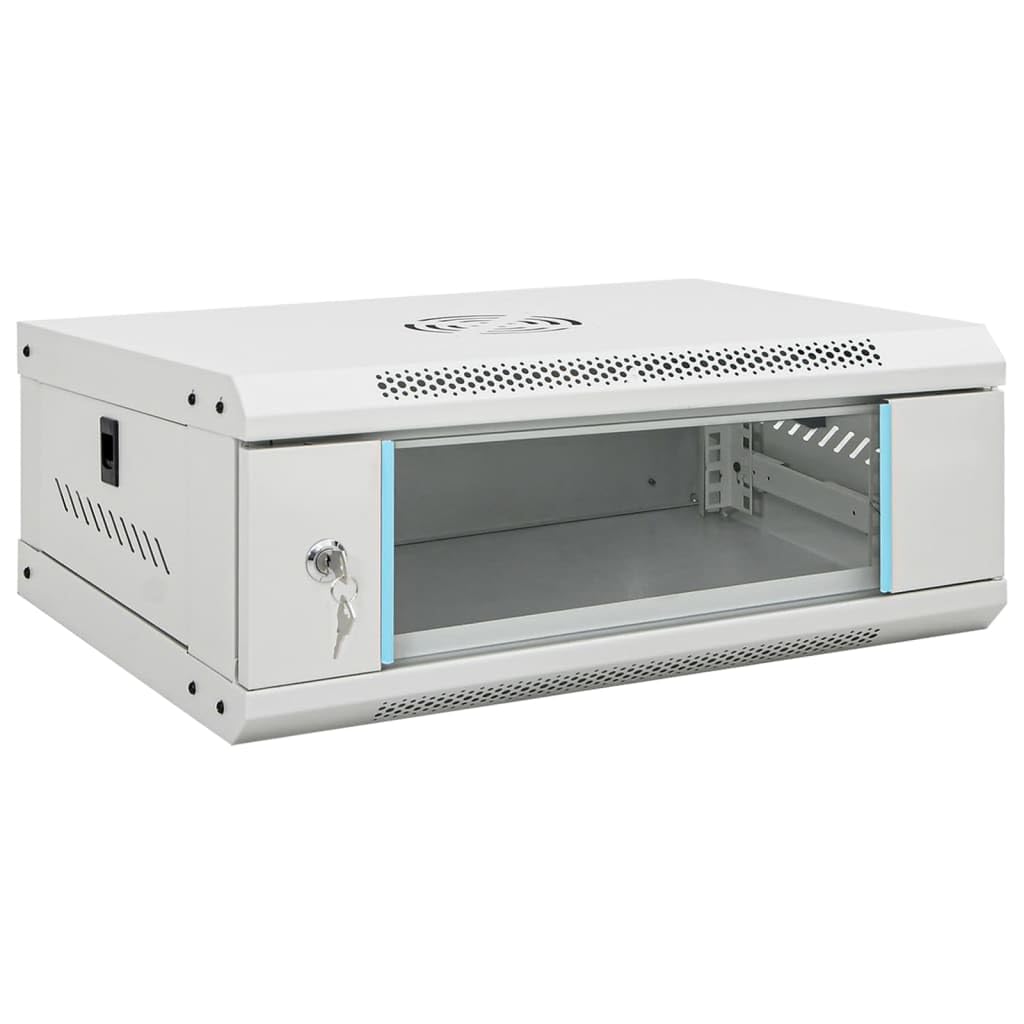 : vidaXL 4U Wall Mounted Network Cabinet 19" IP20 Grey - 53x40x21 cm with Lockable Glass Door, Cold-Rolled Steel