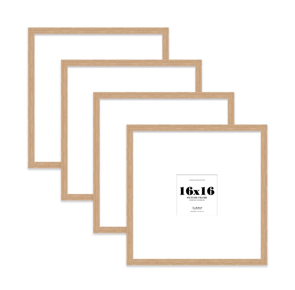 16x16 Oak Picture Frame with Large Mount for 5x5 Photos, Prints - Modern Square Wall Frame, Set of 4