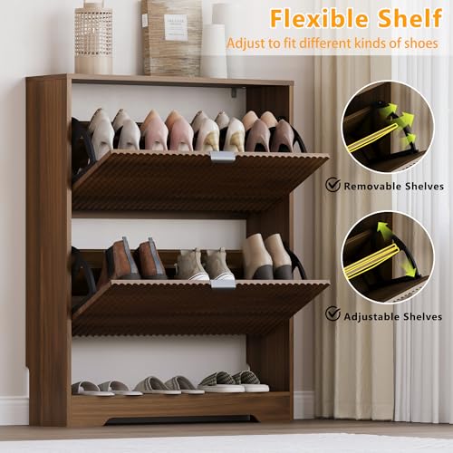 Image of BORNOON Shoe Cabinet with 2 Flip Drawers, Fluted Shoe Storage Cabinet with Adjustable Shelves, Freestanding Rack and Organizer for Entryway, Closet, Hallway