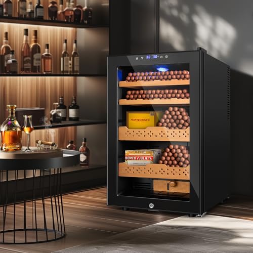 Image of Electric Humidor, 70L 400 Counts Large Capacity,Thermostatic Cooling Humidor Cabinet with Smart Humidity & Temp Control, Spanish Cedar Wood Shelves, Safety Lock