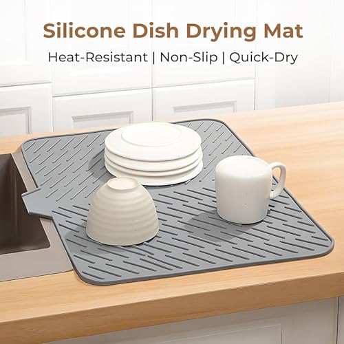 Image of Silicone Dish Drying Mat with Drain Lip (23x17 Inch, Grey) - Non-Slip Kitchen Counter Drying Pad, Heat Resistant Sink Mat, Waterproof Dish Drainer Tray, Easy Clean Surface Protector
