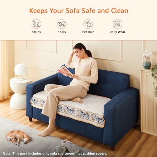 Image of Amazon Basics Jacquard Sofa Cover for Two Seater, Smooth Plain Weave, Non-Slip Sofa Pad, 70x120 cm, Soft Silicone Grip Dots, 100% Polyester, Machine Washable - Grey
