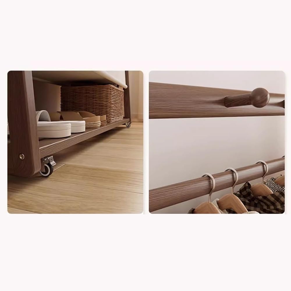 Massivholzgarderobe mit Rollen, mobiles Aufbewahrungsregal für Eingangsbereich und Schlafzimmer, Hängeorganizer mit Stofftasche, freistehender Kleiderständer für Flur und Eingangsbereich.