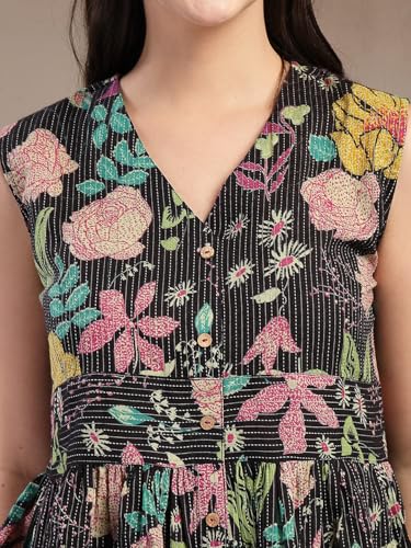 Image of Stylum Women's Black Floral Printed Katha Cotton Short Kurti Palazzo Set