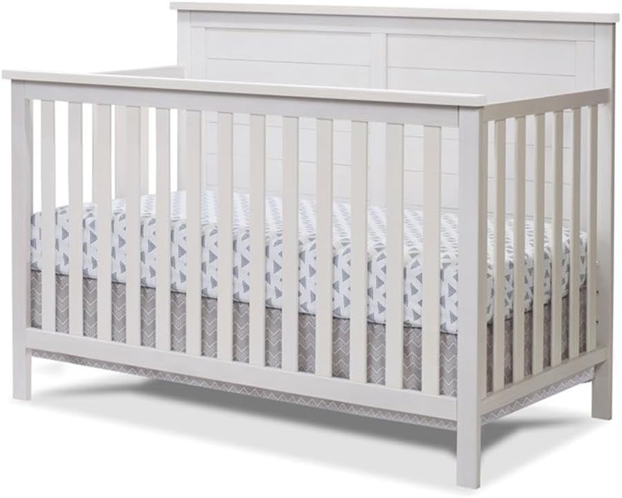 Pemberly Row 4-in-1 Convertible Crib, Weathered White Finish, Natural New Zealand Pine Wood, Adjustable Mattress Heights, Modern Farmhouse Style Baby Crib Converts to Toddler, Day, Full-Size Bed