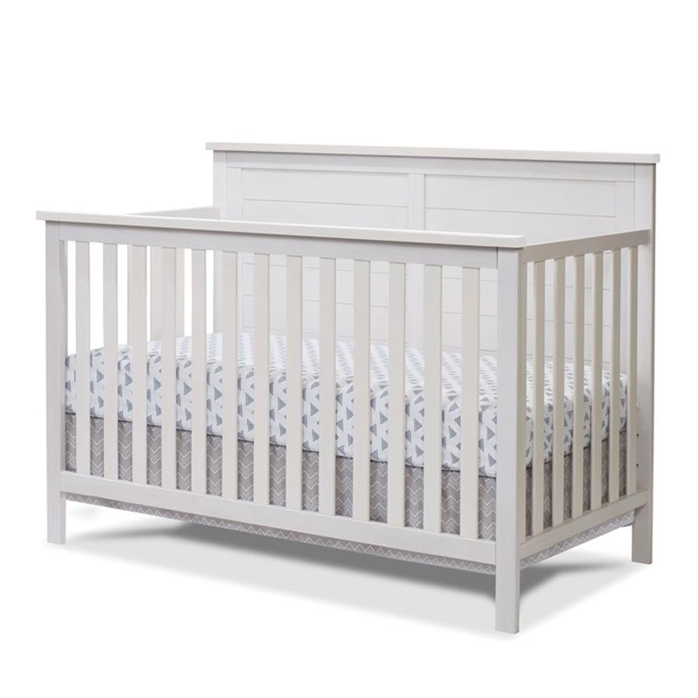 Pemberly Row 4-in-1 Convertible Crib, Weathered White Finish, Natural New Zealand Pine Wood, Adjustable Mattress Heights, Modern Farmhouse Style Baby Crib Converts to Toddler, Day, Full-Size Bed