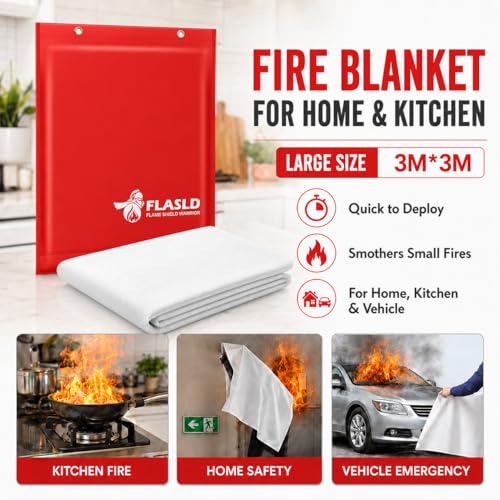 Image of FLASLD Fireproof Welding Blanket for Home and Kitchen, 10 ft x 10 ft Fiberglass Fire Blankets Emergency for People, Flame Retardant Protection and Heat Insulation