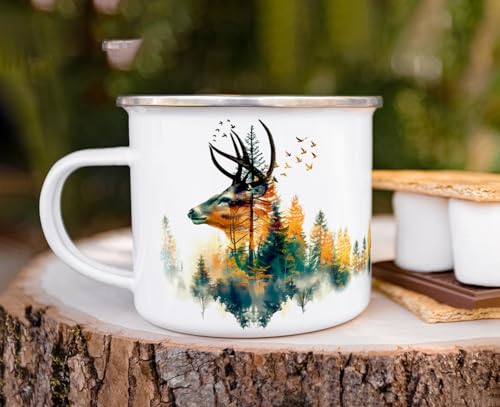 Taza de camping Loftipop Nature Buck esmaltada blanca 16 oz miniatura 4