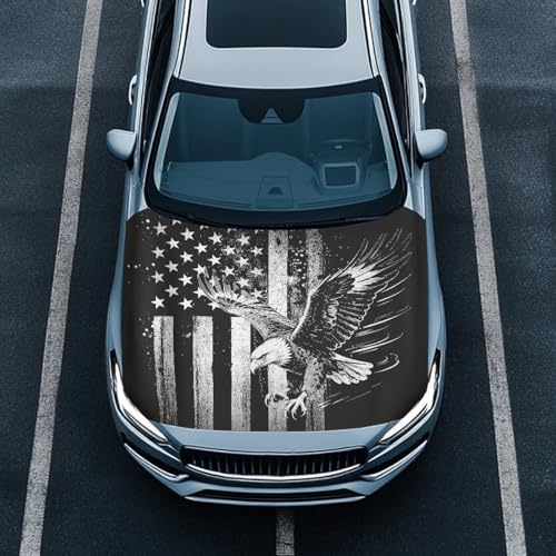 Image of Renewold Car Hood Cover, Black Eagle American Flag, Party Holiday Camping Covers for Cars, Vehicle Hood Wrap Blanket, Women Men Automotive Exterior Accessories, for Outdoor Indoor