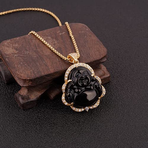 Image of ASGIFT Laughing Buddha Necklace Cubic Zirconia Green Jade Buddha Pendant with 18K Gold Plated Chain Lucky Buddha Necklace Jewelry Gift