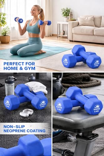 Image of Kakss Neoprene Dumbbells sets for Gym Exercise (Proudly Made in India) (5 kg set of 2 (blue), Blue)