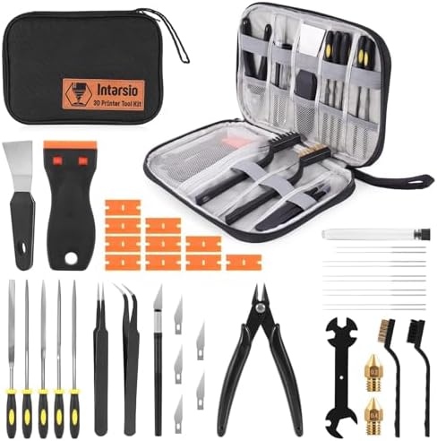 3D Printer Tools Kit, 34pcs 3D Printer Accessories for All FDM/SLA Printers Includes Nozzle Cleaning, Removal Scrapers, Finishing Tools, 5 Types of Files,Brushes, Wire Cutter, Engraving Knife