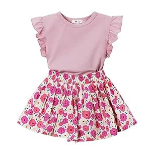 Miipat Baby Clothes, Girls, Children’s Clothes, Short Sleeve, T-Shirt, Culotte Skirt, Top and Bottom Set, Summer Clothes, Top, Shorts, Floral Pattern, Ruffles, Korean Style, Cute, Kindergarten, Everyday Wear, Resort
