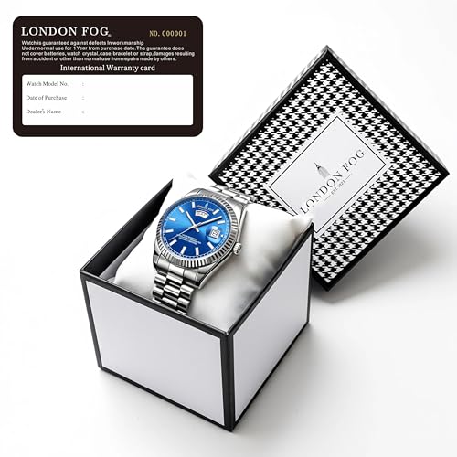 Image of London Fog Oxford Collection Analog Quartz Watch for Men with Round Dial and Stainless Steel Strap, Fluted Metal Case, Day & Date Display, Luminous Hands & Hour Markers & Water Resistant