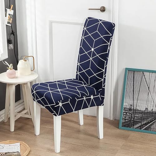 Image of House of Quirk Elastic Chair Cover Stretch Removable Washable Short Dining Chair Cover Protector Seat Slipcover (Pack of 6, Dark Blue White Cube)